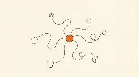 A central hub node filled solid orange with thin wavy ink spokes connecting to several outline endpoint shapes on cream paper, no text, ink lines only.