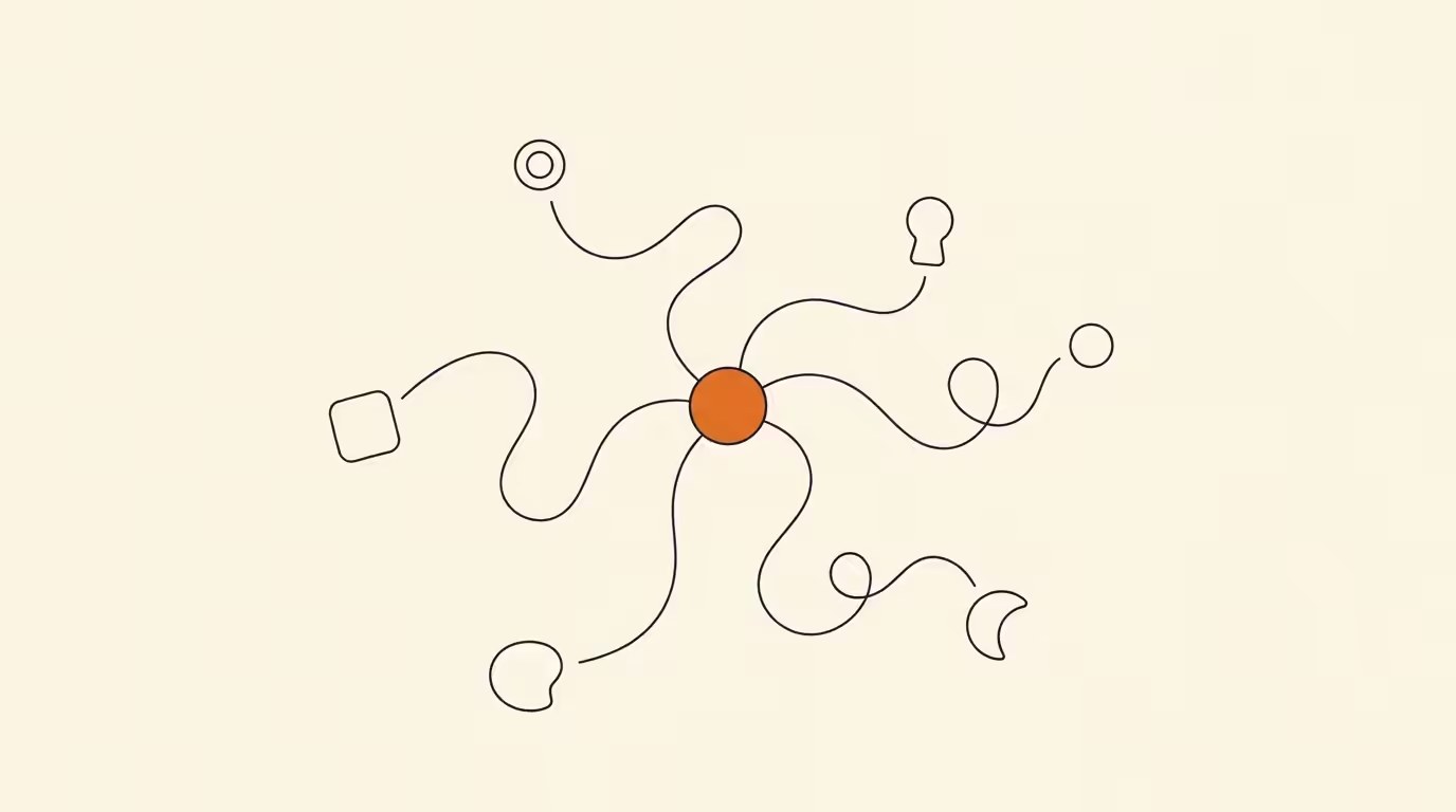 A central hub node filled solid orange with thin wavy ink spokes connecting to several outline endpoint shapes on cream paper, no text, ink lines only.