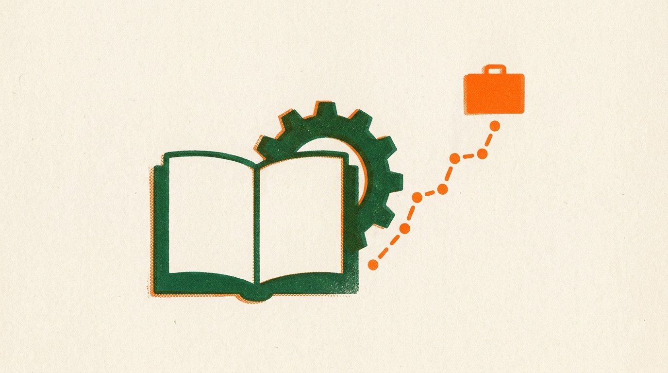 Professional education and L&D buyer marketing: duotone print of a gear meshing with an open book, a rising dotted career line, and a small solid orange briefcase.