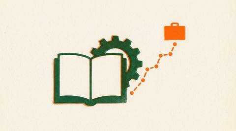 Risograph duotone print of a gear meshing with an open book, a rising dotted career line, and a small solid orange briefcase.
