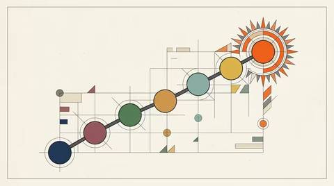 Bauhaus geometric seven ascending circular nodes connected by diagonal lines, final node in brand orange with radiating halo
