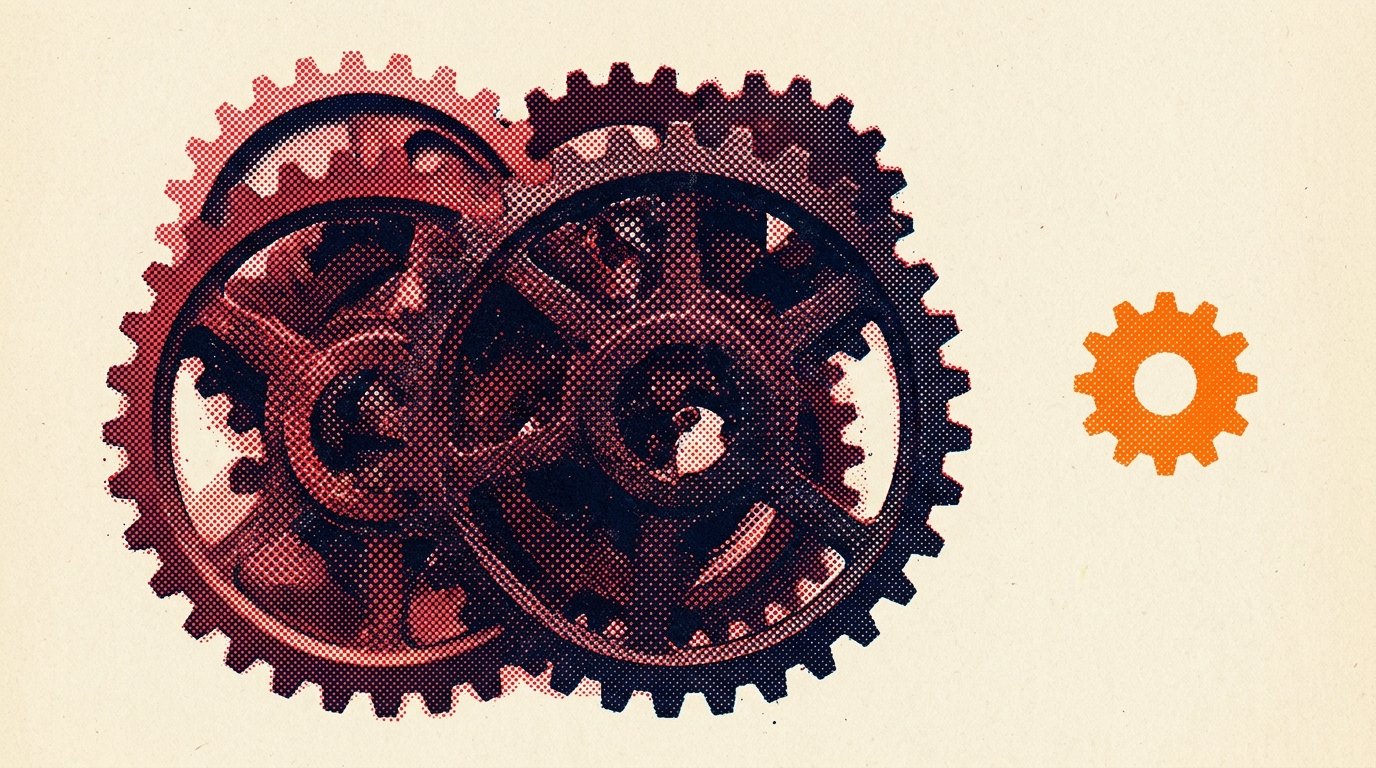 Agency consolidation: halftone screenprint of interlocking gear rings merging into one, with a small orange gear left free.