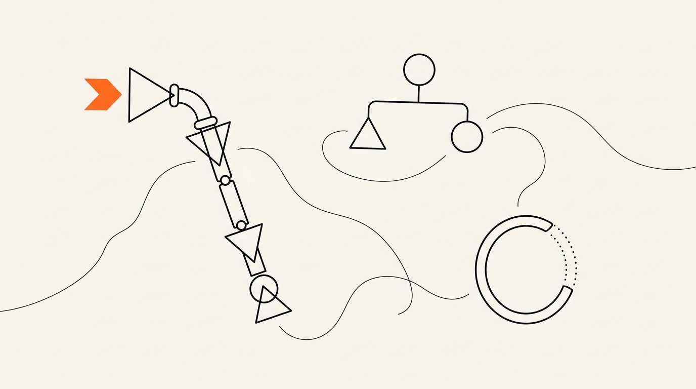 Agentic marketing for SEA teams: ink outline of a five-stage vertical pipeline with connector nodes, a branching approval tree, and an open permission boundary ring, with a small solid flat orange chevron arrow at the pipeline entry.