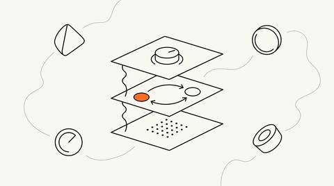 Agentic marketing operations 2026: Bauhaus-geometric illustration of three stacked planes representing channel, protocol, and operator agent layers, connected by wavy ink lines, with a single brand-orange filled node on cream paper background.