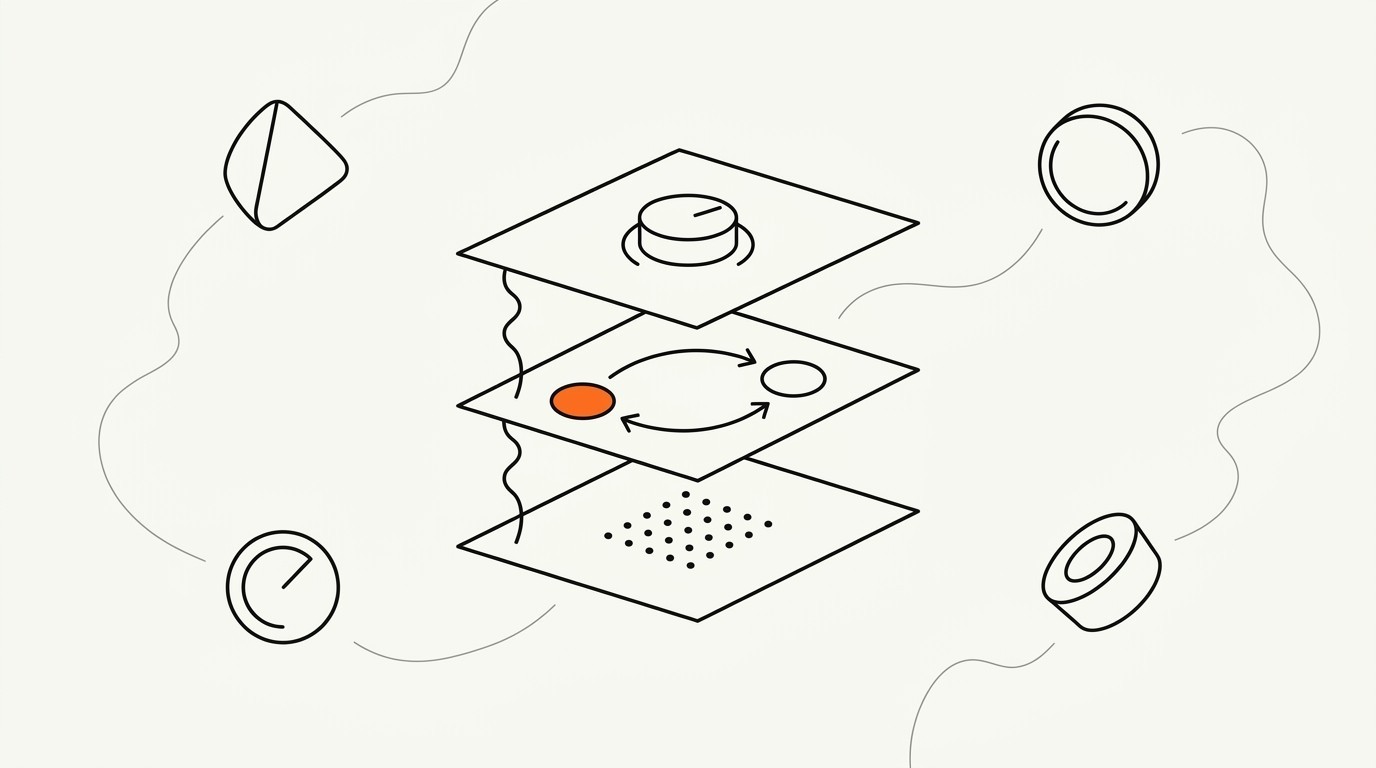 Agentic marketing operations 2026: Bauhaus-geometric illustration of three stacked planes representing channel, protocol, and operator agent layers, connected by wavy ink lines, with a single brand-orange filled node on cream paper background.