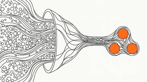 Organic wavy line illustration of many small bubbles funnelling through a narrowing channel into three solid orange circles, ink line-art on cream paper.