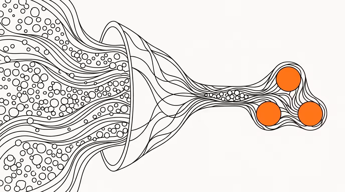 Organic wavy funnel illustration with hundreds of candidate nodes on the left compressing into three brand-orange filled circles on the right, representing the three-to-five option agent shortlist. Ink line-art on cream paper.