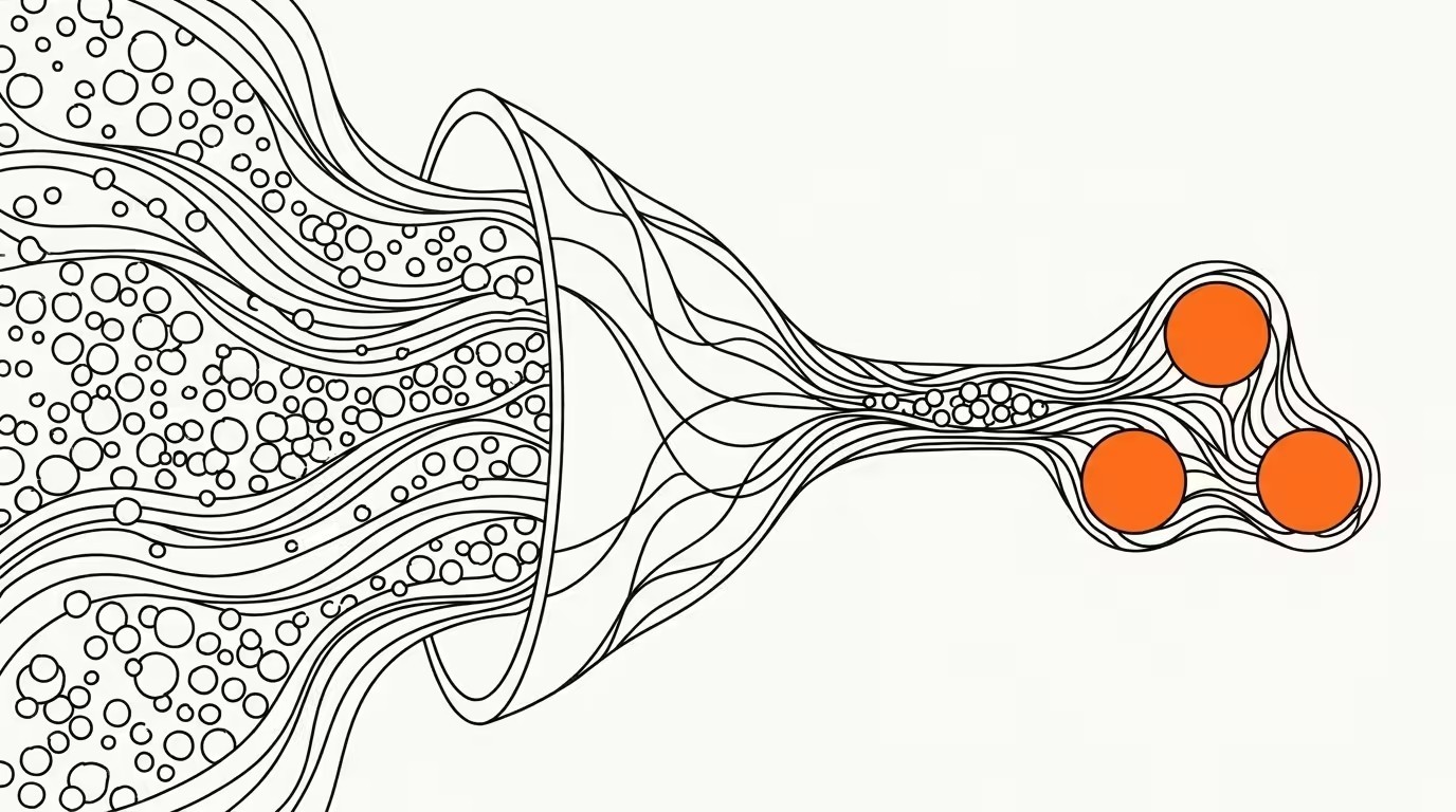 Organic wavy line illustration of many small bubbles funnelling through a narrowing channel into three solid orange circles, ink line-art on cream paper.