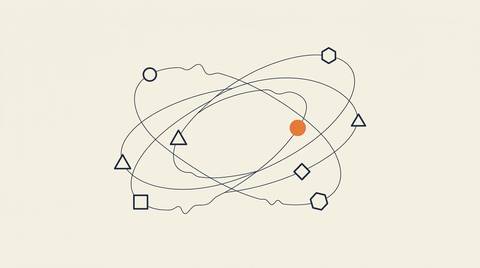 Which AI chatbots have ads: outline shapes on crossing orbit lines, one solid orange node, on cream.