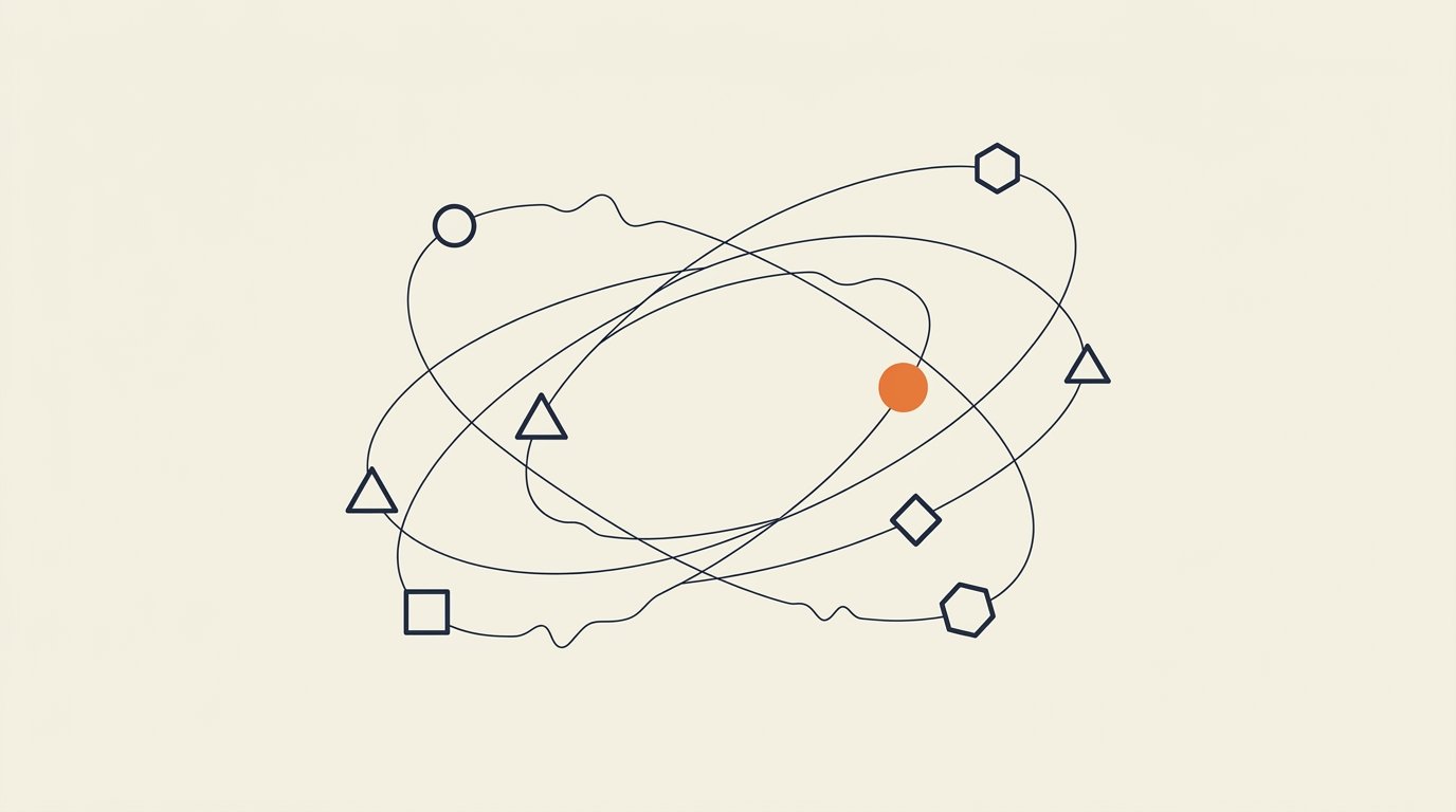 Which AI chatbots have ads: outline shapes on crossing orbit lines, one solid orange node, on cream.