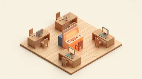 Marketing team structure in the AI era: isometric office floor, desks in a ring around one console lit orange.