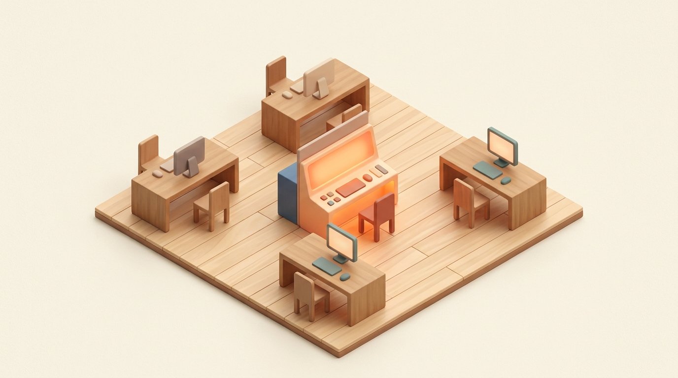 Marketing team structure in the AI era: isometric office floor, desks in a ring around one console lit orange.