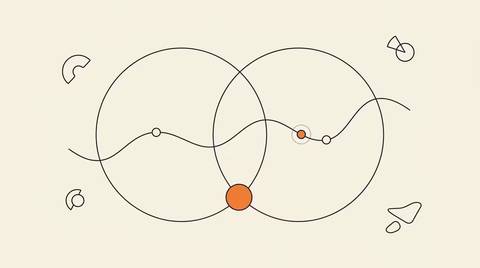 Two overlapping jurisdiction arcs bridged by a wavy provenance thread with small nodes and one solid orange node, cream paper, ink line style, no text.