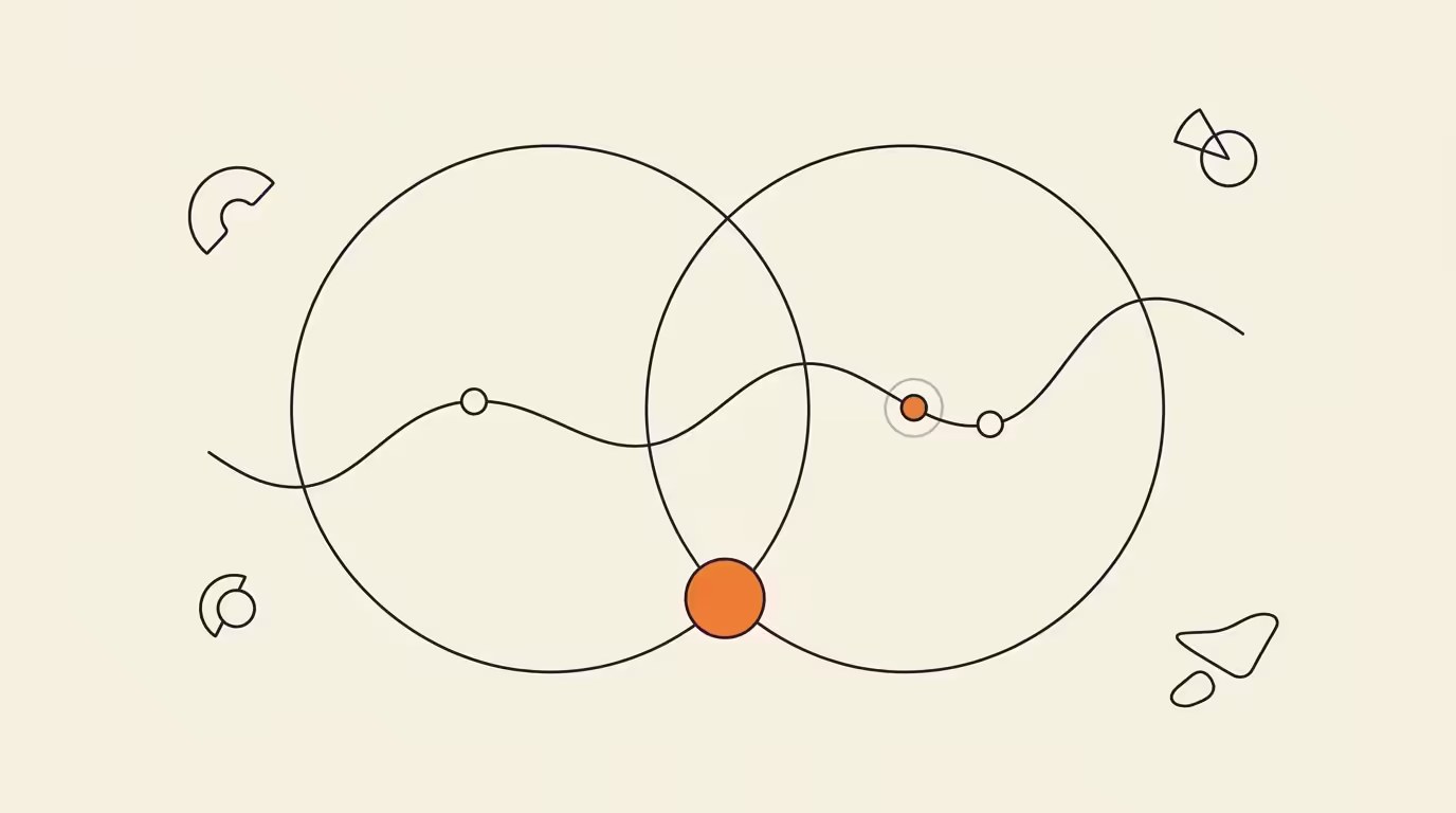 Two overlapping jurisdiction arcs bridged by a wavy provenance thread with small nodes and one solid orange node, cream paper, ink line style, no text.