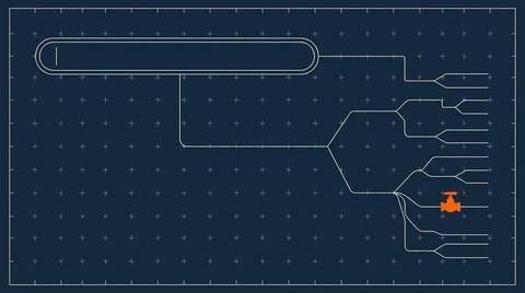 AI Max auto upgrade: blueprint of a search bar feeding a branching query tree, one orange valve on a branch.