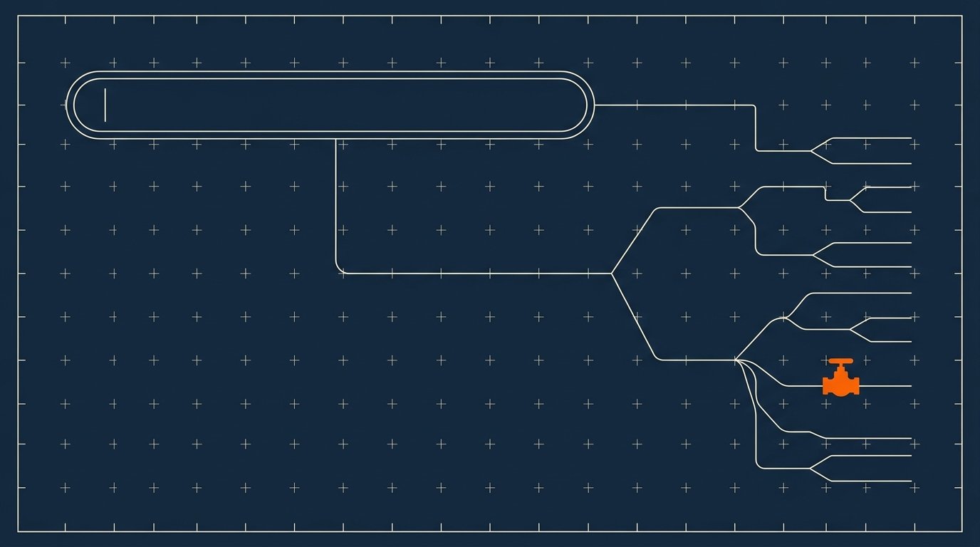 AI Max auto upgrade: blueprint of a search bar feeding a branching query tree, one orange valve on a branch.