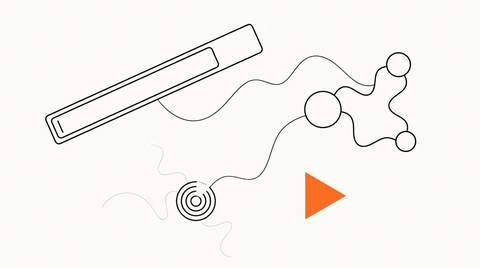 Editorial line illustration: floating search bar, connected AI engine node graph, concentric-ring information agent, and a flat orange triangle accent on cream paper.