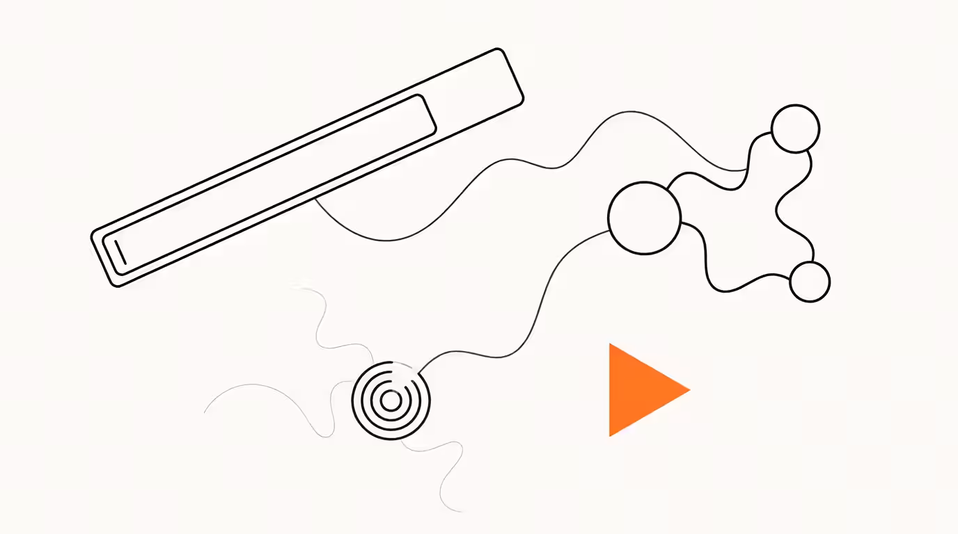 Google I/O 2026 hero illustration. A floating search-bar rectangle, a connected node graph of AI engines, a concentric-ring radar suggesting an information agent monitoring the web, and a single flat orange triangle accent, all linked by subtle wavy ink lines on cream paper in the leapbuzz signature style.