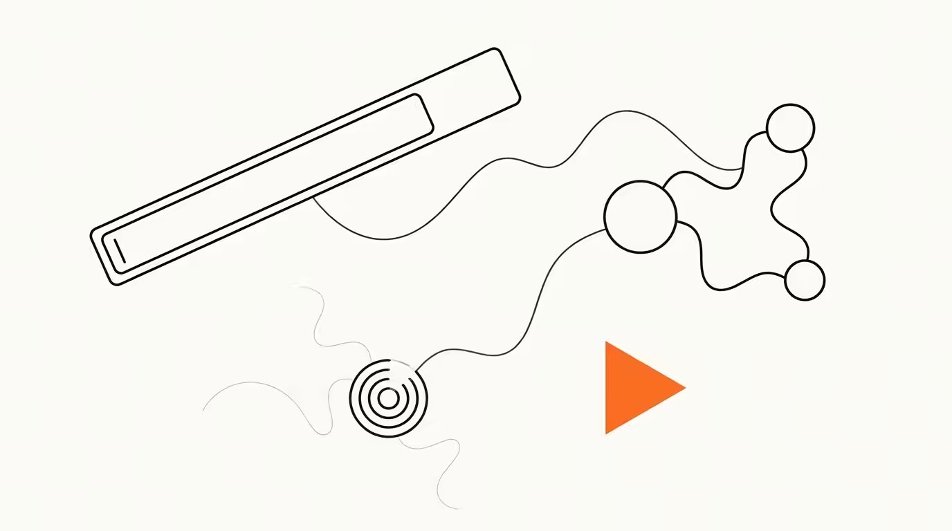 Google I/O 2026 hero illustration. A floating search-bar rectangle, a connected node graph of AI engines, a concentric-ring radar suggesting an information agent monitoring the web, and a single flat orange triangle accent, all linked by subtle wavy ink lines on cream paper in the leapbuzz signature style.