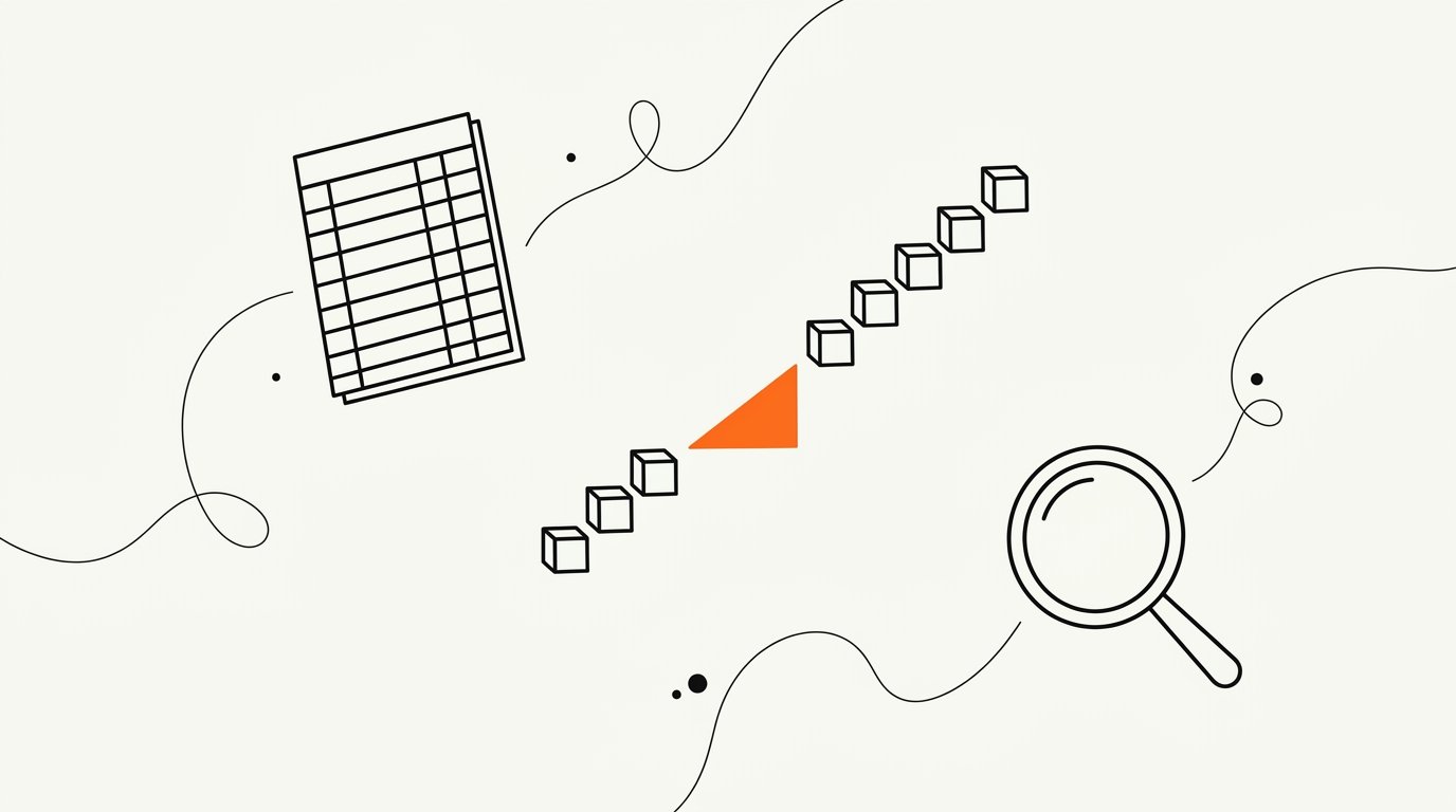 AI marketing ROI proof for board presentations: ink line illustration of ledger columns, a rising staircase of blocks, and a magnifier outline, with a small solid orange wedge resting between two staircase steps.