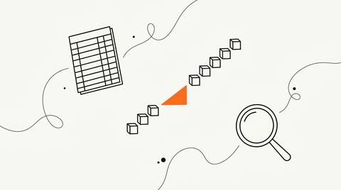 Schematic ink line illustration on cream paper: ledger columns, a rising staircase of blocks, and a magnifier outline connected by wavy ink lines, with a small solid orange wedge resting between two staircase steps.