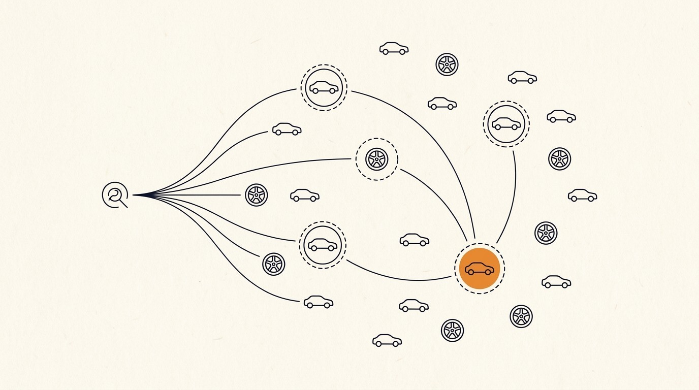 AI search mid-funnel automotive illustration: a search query node on the left fans thin lines out across a star map of small car and wheel nodes, three encircled by selection rings and one filled brand-orange, on cream paper.