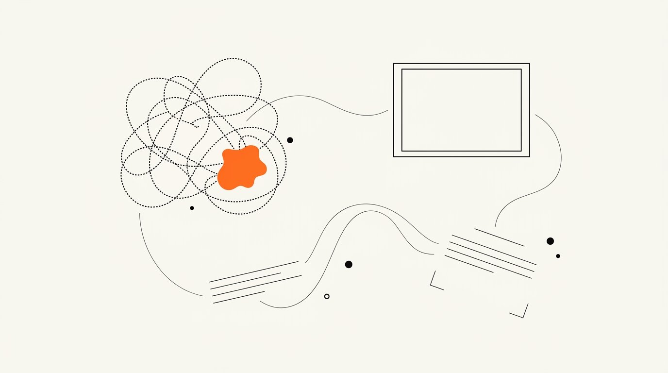 AI slop and MFA programmatic brand safety: ink line illustration of a tangle of dotted supply-path lines, an empty rectangular ad frame, and sparse ruled lines, with a small solid orange blot caught in the tangle.
