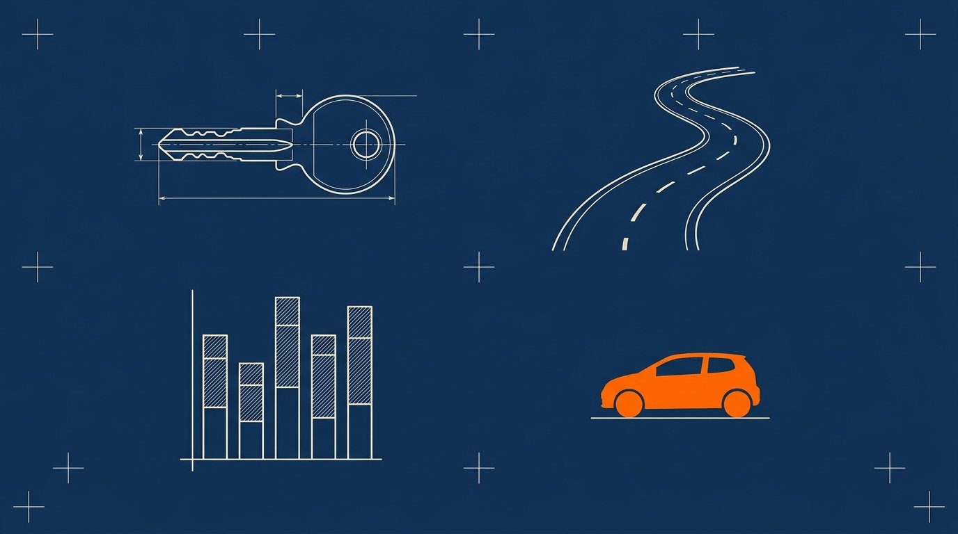 Auto insurance digital marketing strategy: blueprint-style illustration of a car key, a winding dashed road, and a comparison bar chart in fine cream lines, with a small solid orange car silhouette.