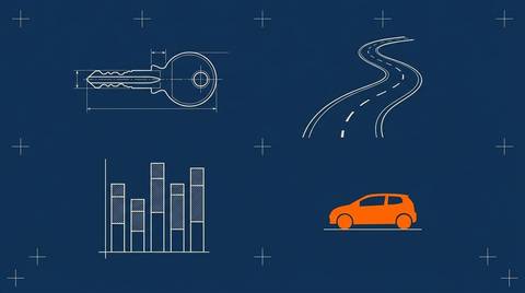 Schematic ink line illustration on cream paper: a car key, a winding dashed road, and a comparison bar chart, with a small solid orange car silhouette.