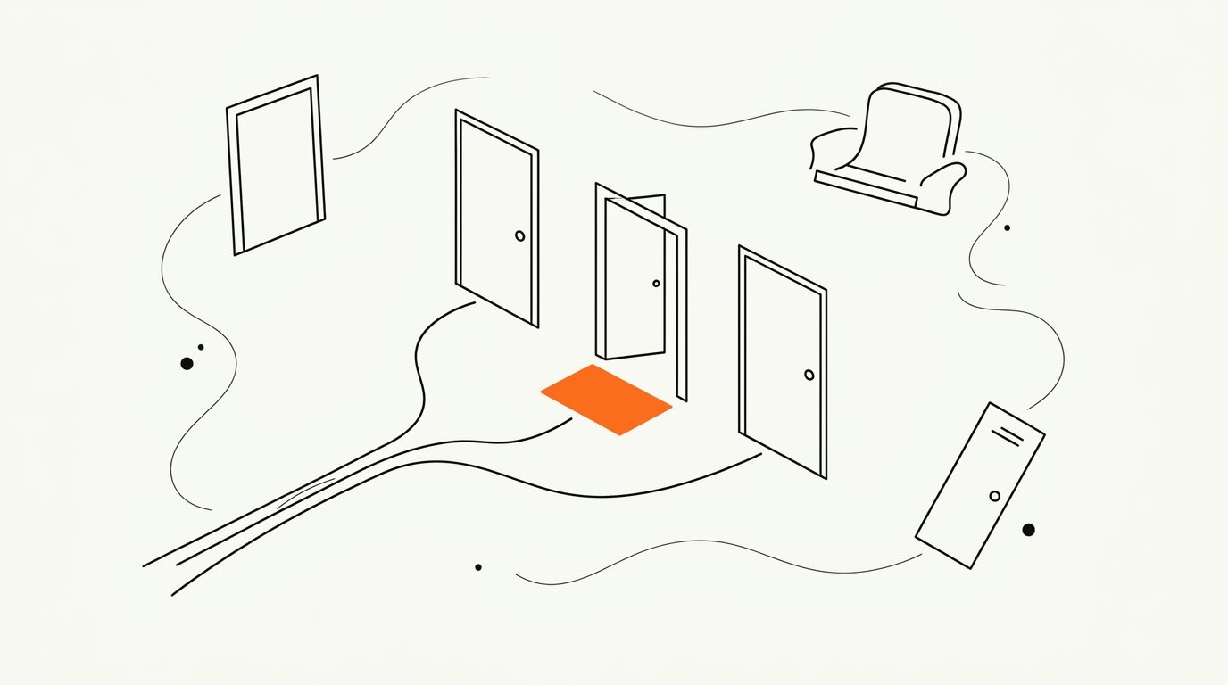 Abstract editorial illustration showing concentric rings narrowing to a small central set of dots on cream paper, rendered in warm brand orange and ink, representing a funnel collapsing to a shortlist