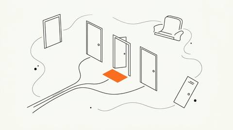 Abstract editorial illustration showing concentric rings narrowing to a small central set of dots on cream paper, rendered in warm brand orange and ink, representing a funnel collapsing to a shortlist