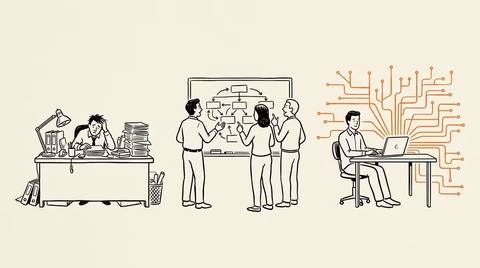Editorial line illustration on cream paper: three distinct work stations arranged horizontally, left showing a cluttered desk, centre showing ink figures around a whiteboard, right showing a single figure at a minimal laptop with data-flow lines radiating outward in an organised network.