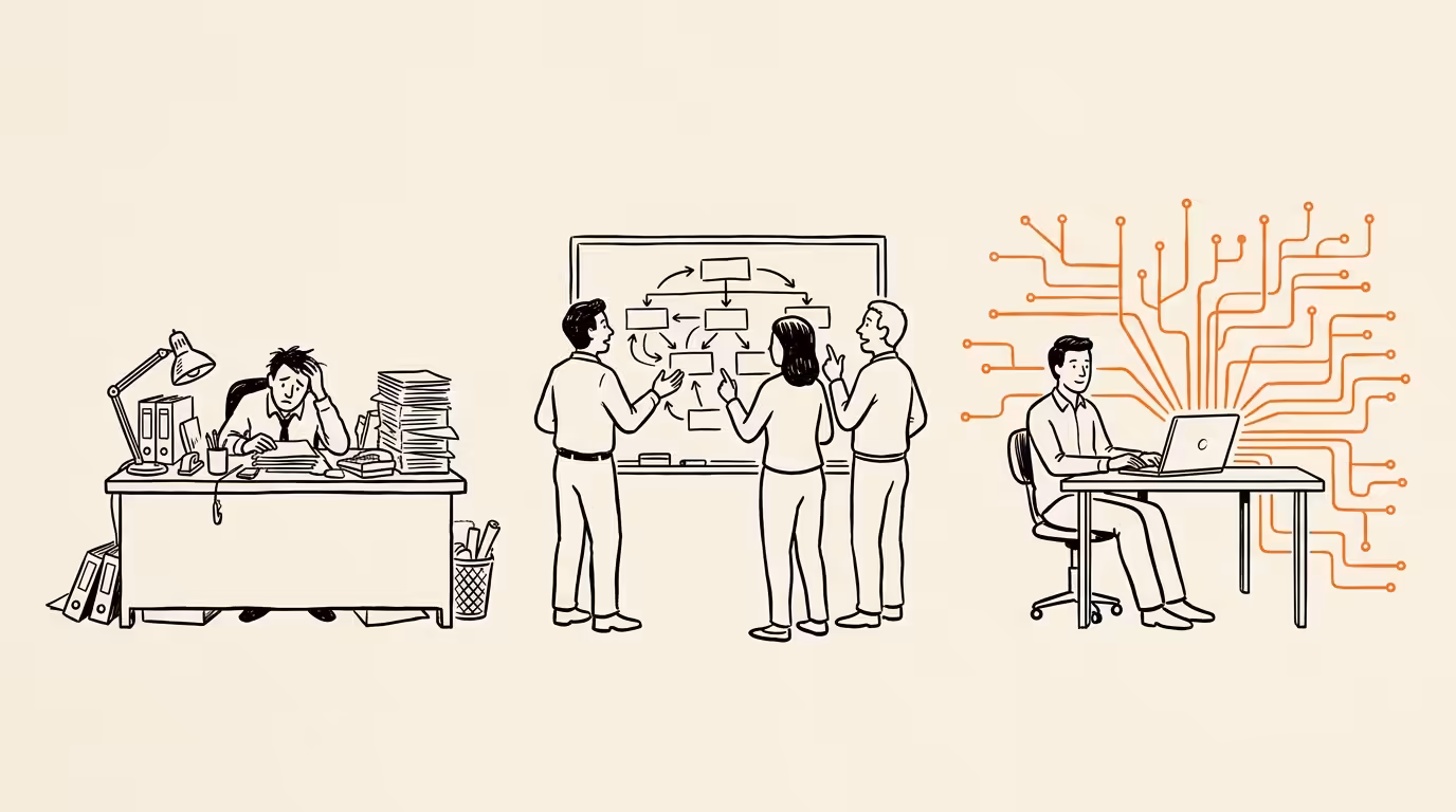 Three work stations in ink illustration: cluttered agency desk on left, in-house team whiteboard in centre, AI-native consultant at laptop with data-flow network on right.