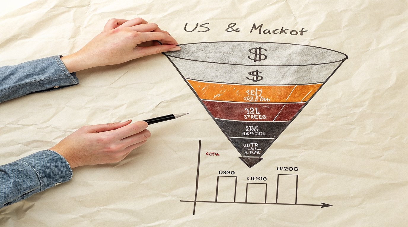 Mid-market B2B SaaS marketing funnel: ink line illustration of four pipeline stages as architectural chambers, buyer silhouettes reducing per stage, solid orange output node at exit, AI circuit motif with hexagons above, cream paper background.