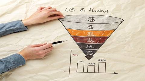 Mid-market B2B SaaS marketing funnel: ink line illustration of four pipeline stages as architectural chambers, buyer silhouettes reducing per stage, solid orange output node at exit, AI circuit motif with hexagons above, cream paper background.