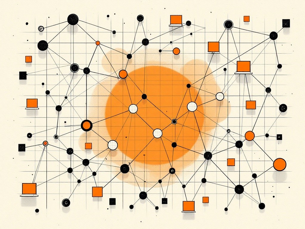 B2B social media strategy in the AI era: ink line illustration of an organic network graph with interconnected professional nodes and thin connecting lines, a central solid orange hub node as the focal point, content-card shapes floating near influence nodes, on cream paper background.