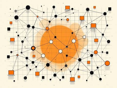 B2B social media strategy in the AI era: ink line illustration of an organic network graph with interconnected professional nodes and thin connecting lines, a central solid orange hub node as the focal point, content-card shapes floating near influence nodes, on cream paper background.
