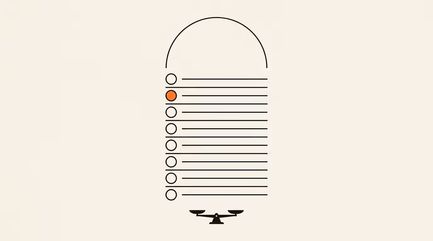 Editorial compliance checklist diagram with eight numbered rows on cream paper, each row marked by a small circular indicator, one row filled in solid brand orange representing the binary data residency gate.