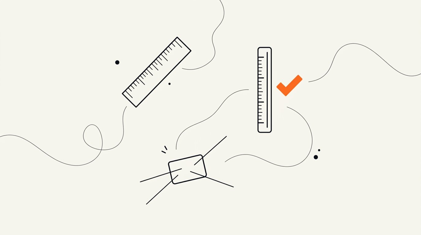AI citation tracking and share-of-authority measurement: ink line illustration of a ruler, a tick-marked gauge column, and three lines converging on a card, with a small solid orange tick mark beside the gauge.