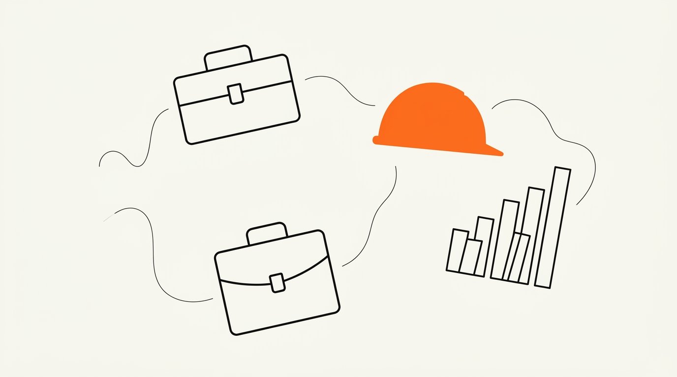 SME business insurance digital marketing: ink line illustration of a toolbox, a briefcase, and a rising bar chart, with a small solid orange hard hat.