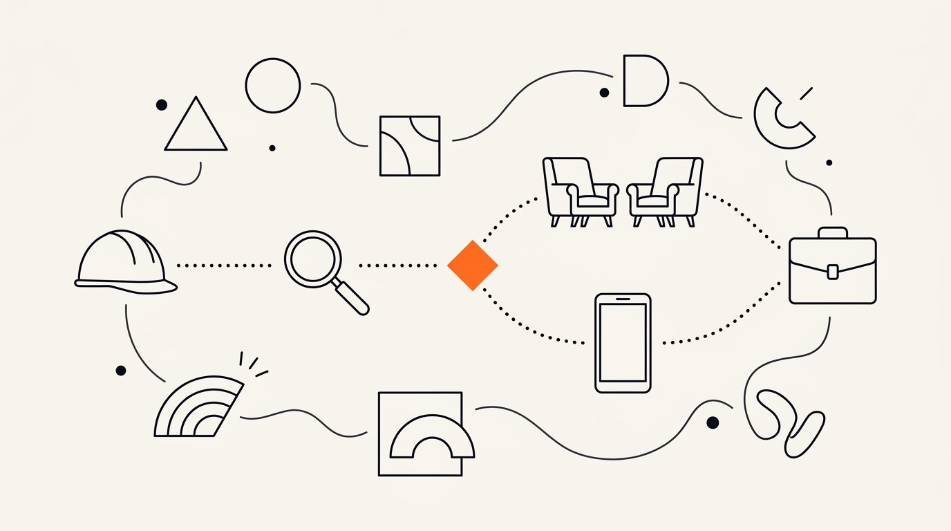SME commercial insurance purchase journey map showing trigger event, broker or digital-direct channel decision, coverage selection, and policy bind