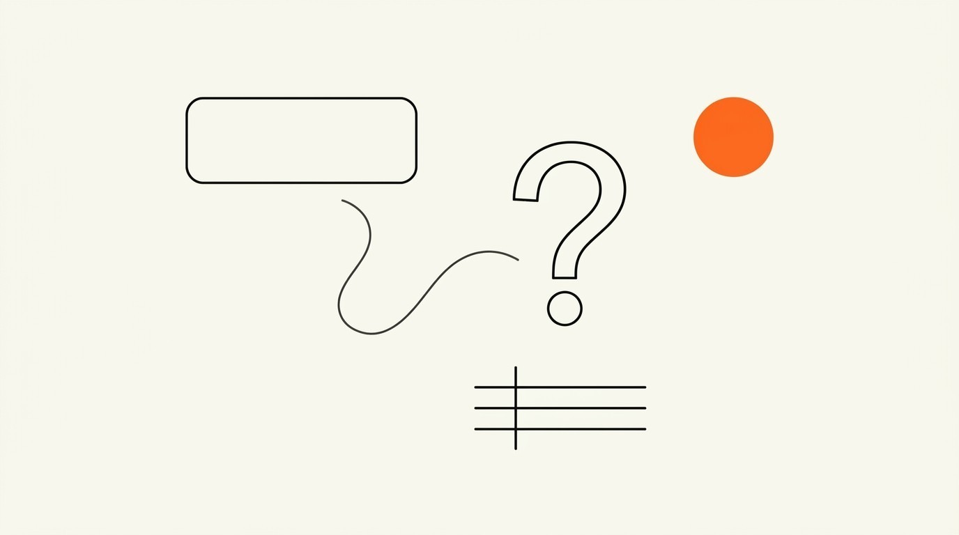 ChatGPT ads self-serve playbook hero illustration, editorial line art on cream paper showing a conversational interface motif with a question mark and message bubble connected by a wavy ink line.