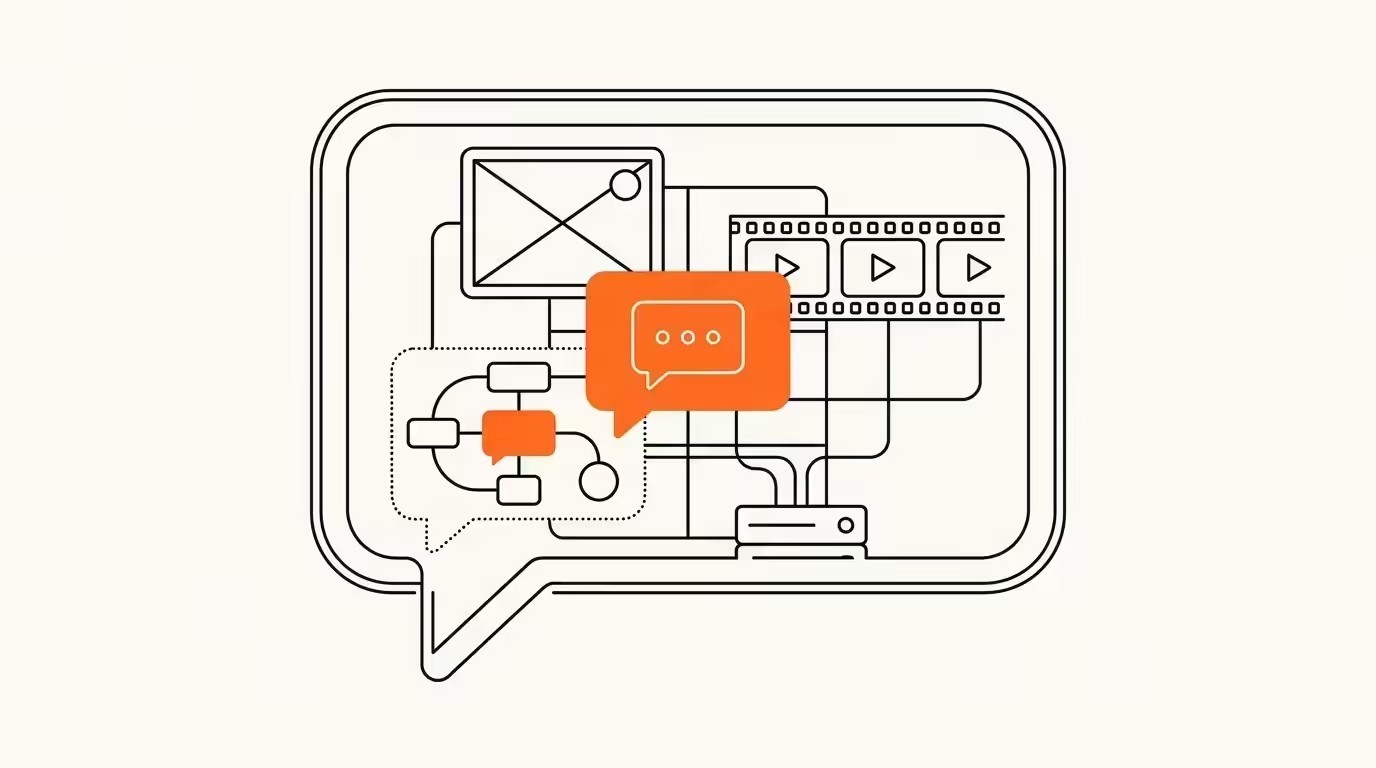 Object-frame editorial illustration of ad formats inside a chat interface, ink line art on cream paper with one orange accent.