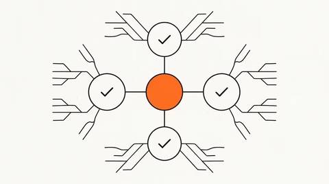 Editorial line illustration of a partner-evaluation scorecard, a central orange node linked to four checkmark nodes with circuit branches, ink line art on cream paper.