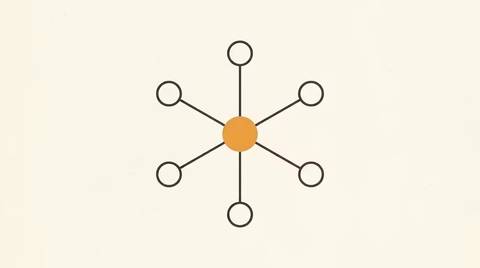 Constellation diagram of a brand's AI citation share across engines, ink line art on cream paper with one orange central node.