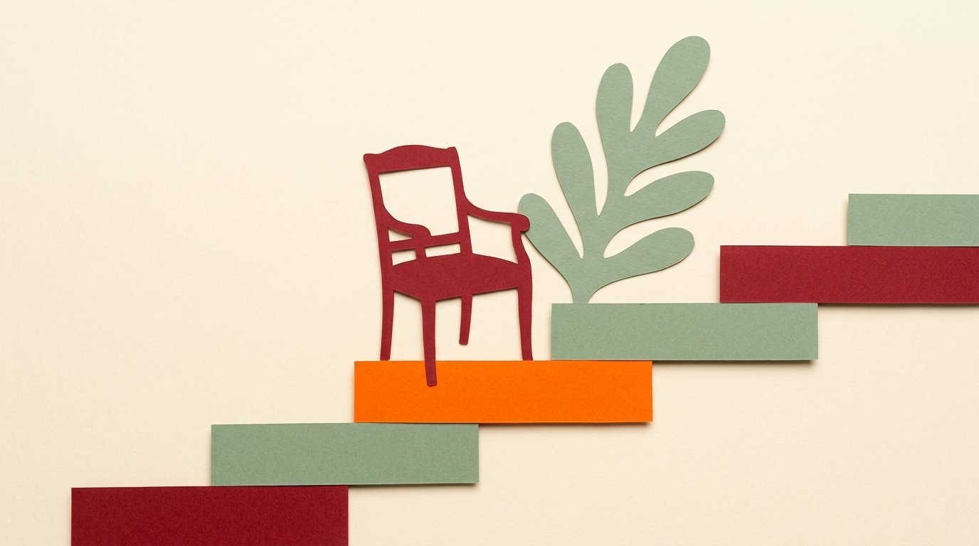 CMO tenure and the growth mandate: paper cutout of a chair on a rising stepped path, one step in bright orange.