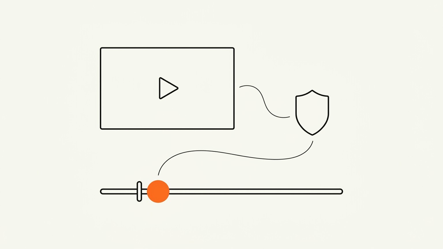 Schematic line illustration of a video frame with a play button, linked by a wavy line to a compliance shield, with one brand-orange dot marking the skip point on a timeline.