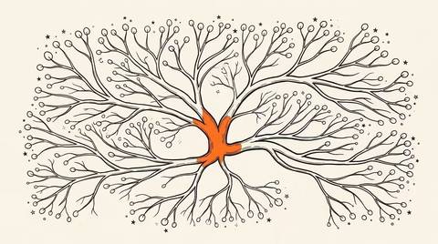 Botanical ink illustration on cream paper: branching tree with creator tier nodes as circular leaves converging to a central brand node filled solid orange, engagement marks as tiny stars.