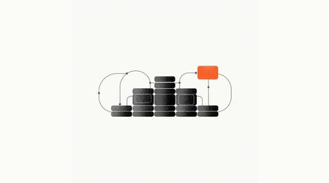 Content marketing strategy for AI search: ink line illustration of a small outline stack of answer-chunk bars linked by a wavy thread to a quote citation ring, with one small solid orange chunk, on cream paper.