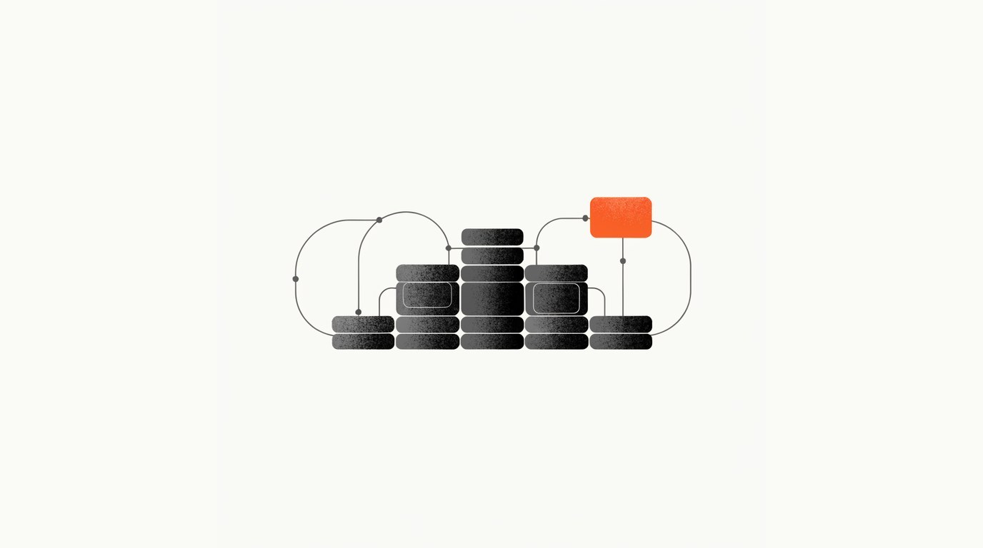 Editorial illustration on cream: stacks of dark content blocks with one block lifted out in solid orange and linked by thin lines, content extracted and cited by AI answers.